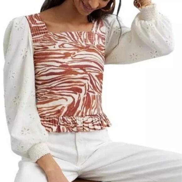 Anthropologie Love The Label Smocked Puff Sleeve Blouse Zebra Square Neck Boho M - Picture 3 of 8